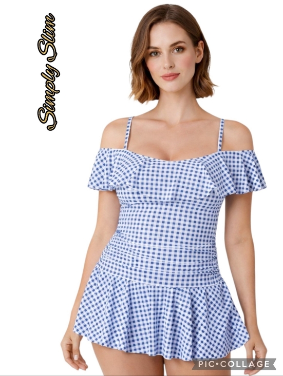 Simply Slim Other - Simply Slim swim dress womens off shoulder ruffle blue gingham sz 2x